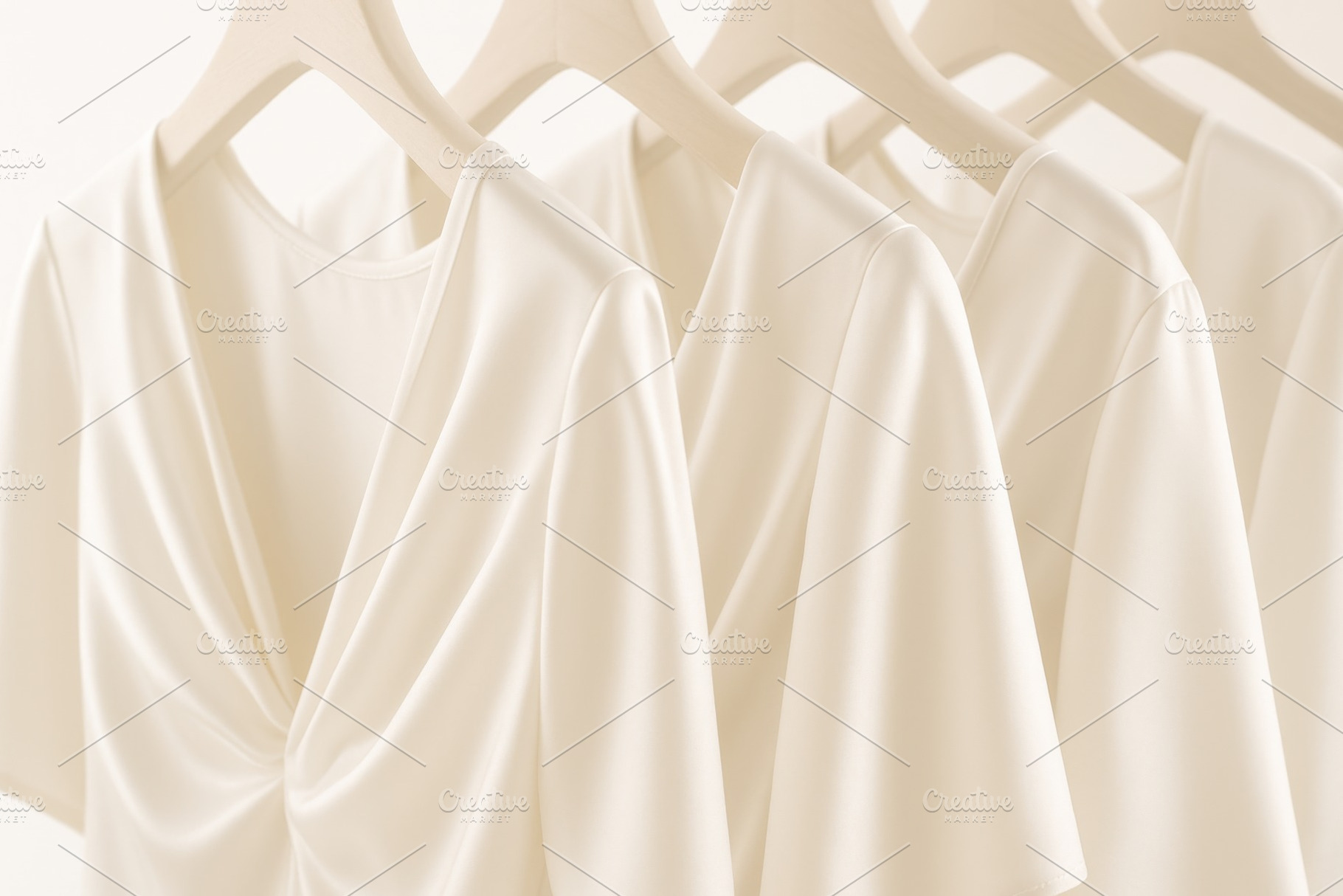 Elegant cream dresses on hangers forming a uniform pattern, back, a Photo by Dvoevnore photos