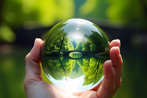 Hand Holding Crystal Ball Reflecting, a Nature Photo by Stock Shape