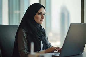 Professional woman in hijab working, a Photo by Tanuart