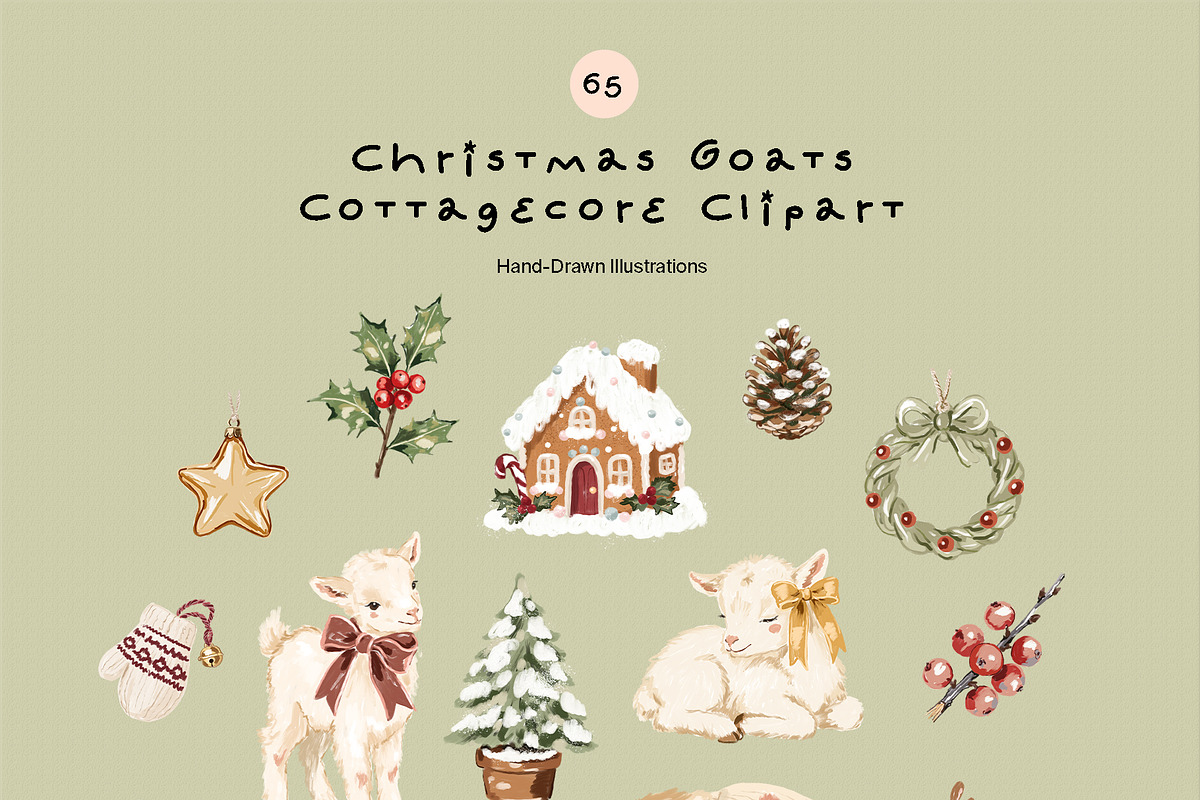 Christmas Goats Cottagecore Clipart, a Seasonal Illustration by divanovskaya_nv (Photo 7 of 15)
