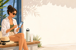 Woman sitting outside using smartpho, a Photo by Dvoevnore photos