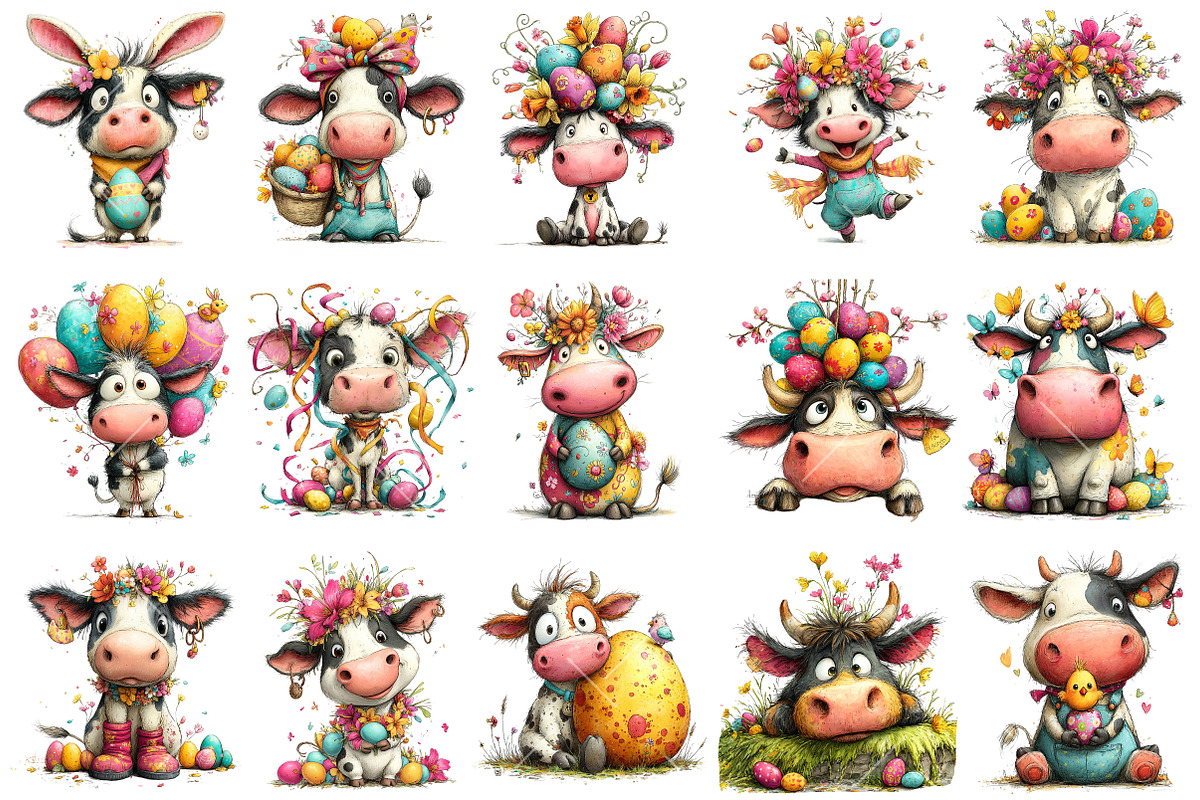Whimsical Easter Cow Clipart, an Illustration by OK Design (Photo 3 of 6)