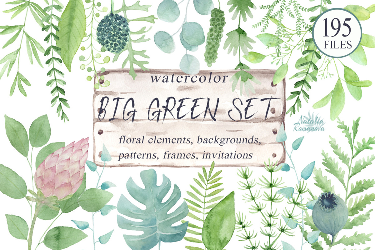 Big green set in watercolor., a Texture Illustration by BrushArtDesigns (Photo 1 of 9)