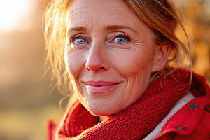 Woman enjoying a peaceful autumn sunset with bright eyes and clear skin, a Person Photo by AlyaAnd