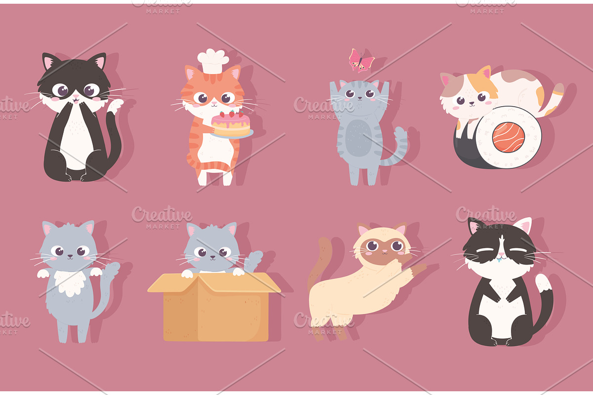 set cute kitty, an Animal Illustration by studiogstock