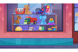 Kids shop. Funny toys in children, an Illustration by Onyx