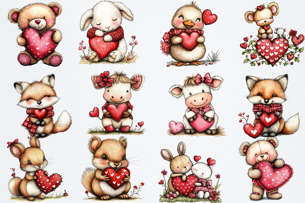 Whimsical Animals Valentine Day png, an Illustration by Watercolor design (Photo 2 of 6)
