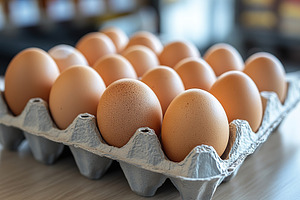 Fresh brown eggs in carton box, a Food & Drink Photo by AlyaAnd