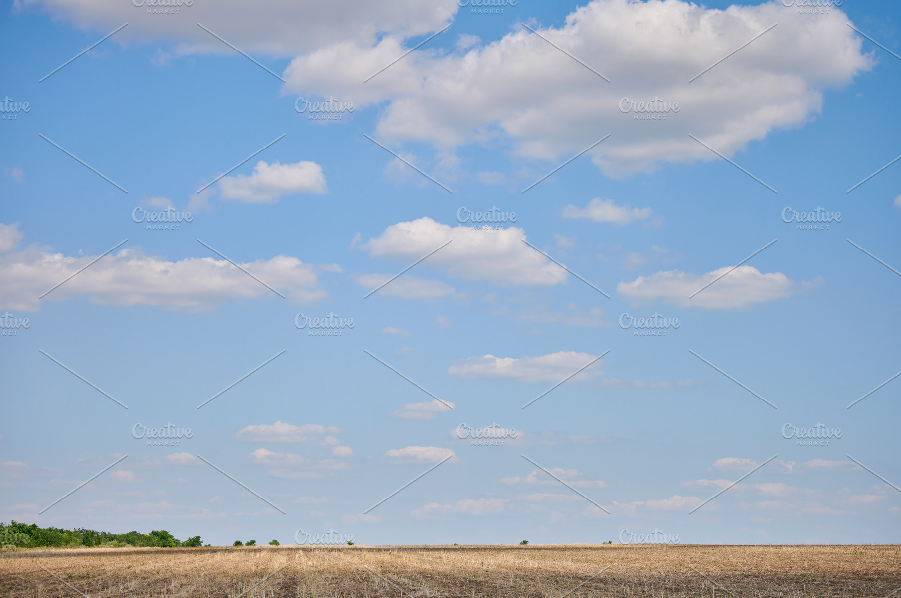 Wide shot of a dry, empty field under a clear blue sky dotted wi, a Nature Photo by ndanko