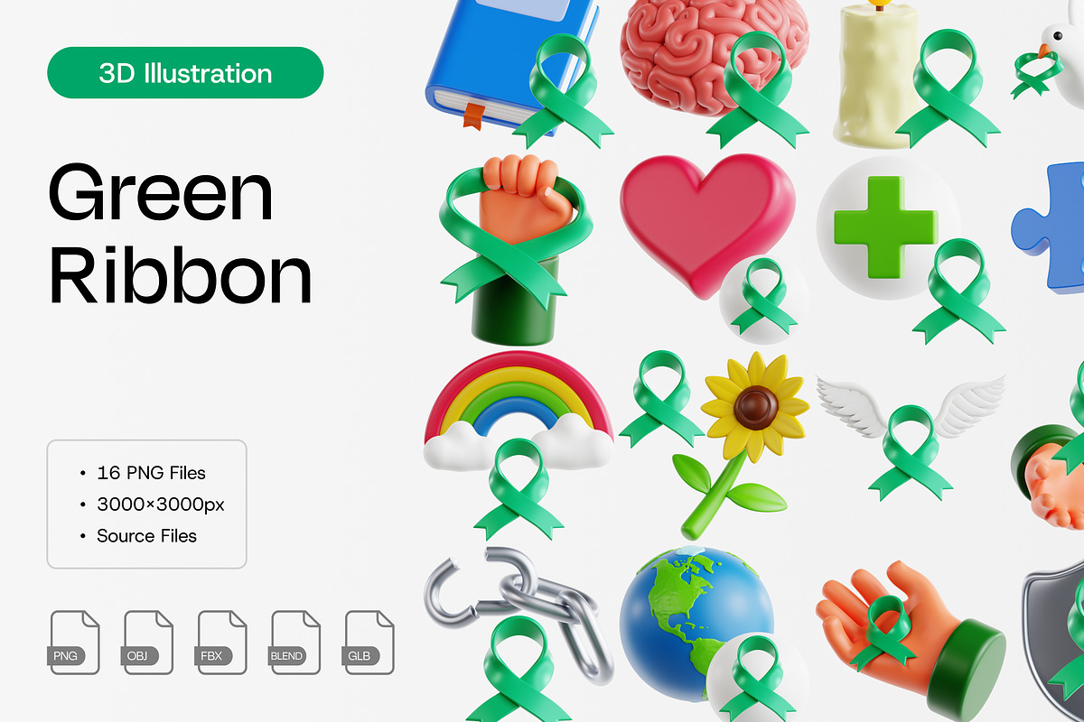 Green Ribbon 3D Icon Set, an Object 3D Model by Eklip Studio (Photo 1 of 2)