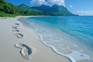 Footprints on the serene sandy beach with crystal clear water and lush mountain, a Background Photo by ImageMir