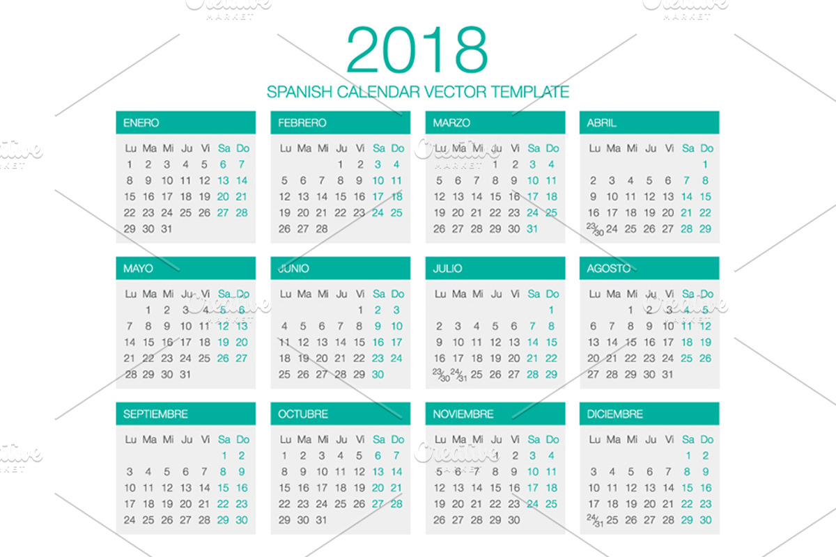 Spanish Calendar Vector 2018, a Stationery Template by Urazovsky Design