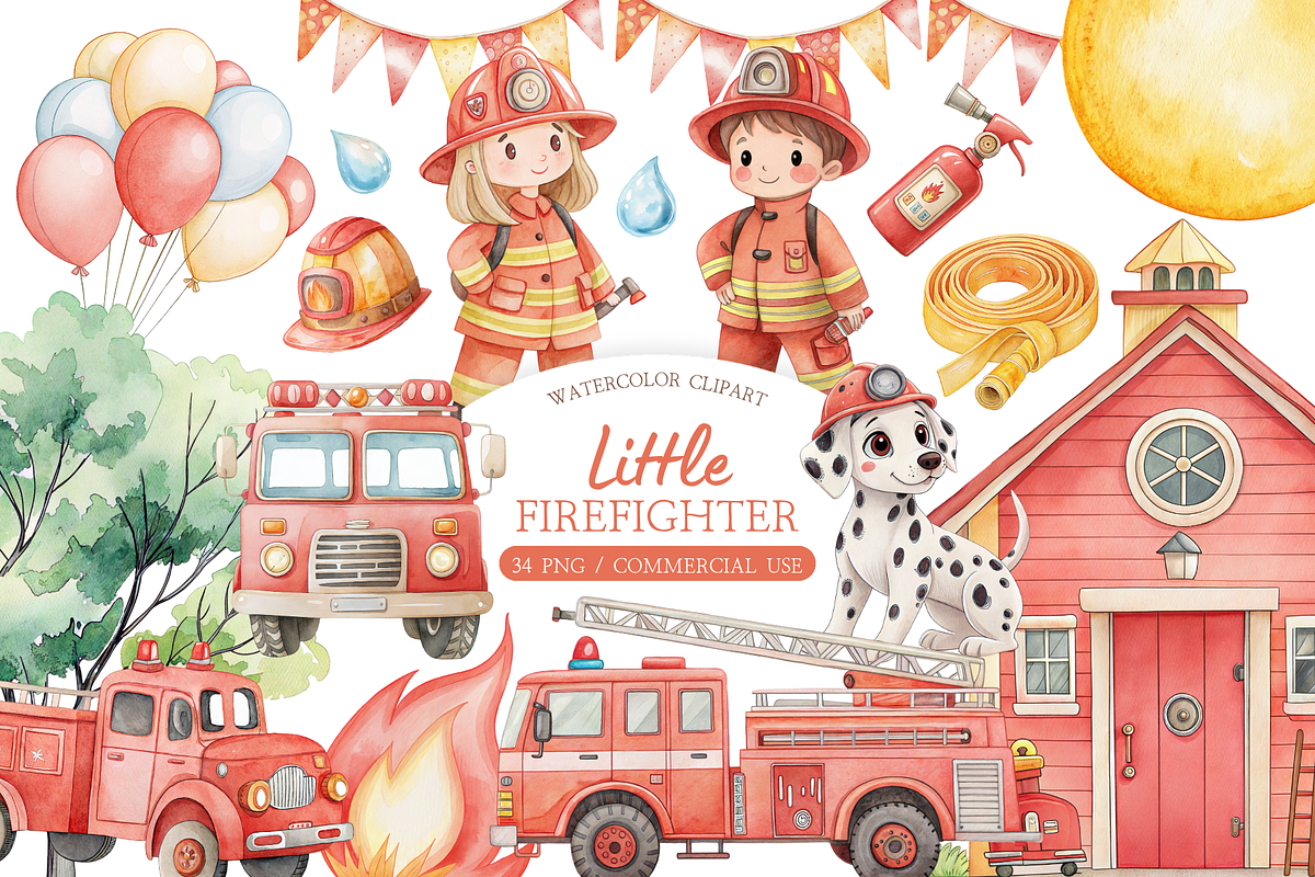 Little Firefighter Watercolor Set, an Illustration by MockupWizard (Photo 1 of 6)
