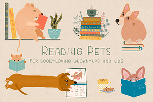 Cute pets reading the books. Clipart, an Animal Illustration by PenguinArtStudio