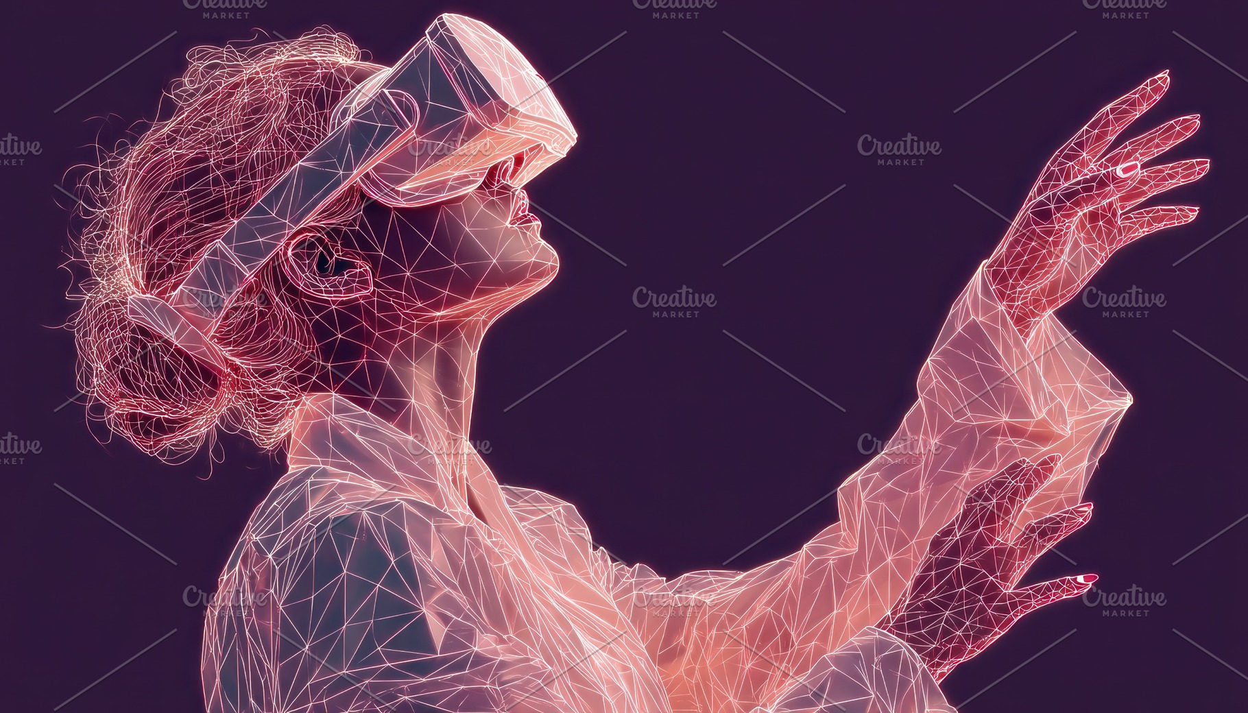 Wireframe woman in VR headset reaching out with glowing pink lin, an Abstract Photo by José Manuel Gelpi