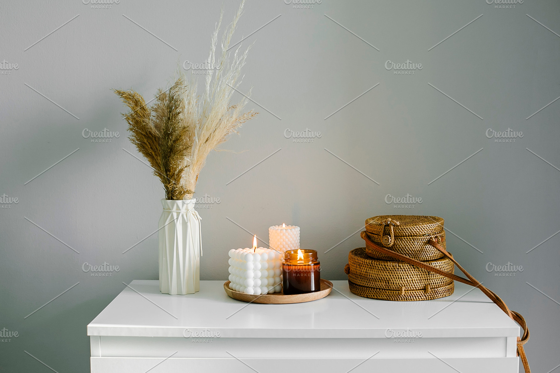 Home interior decor in beige neutral colors. White dresser with dried flowers i, a Beauty & Fashion Photo by Anikona