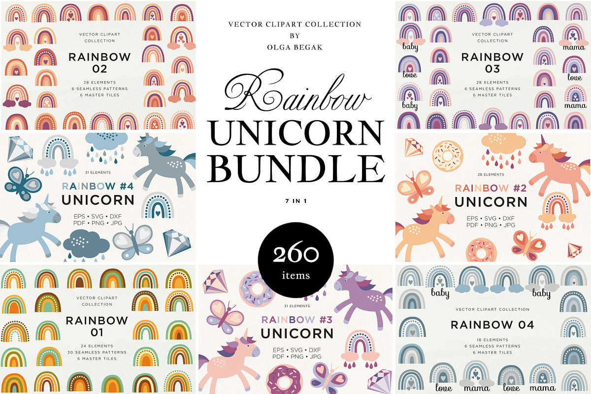 Rainbow Unicorn Vector Bundle, a Decorative Illustration by Olga Begak Art & Design (Photo 1 of 17)