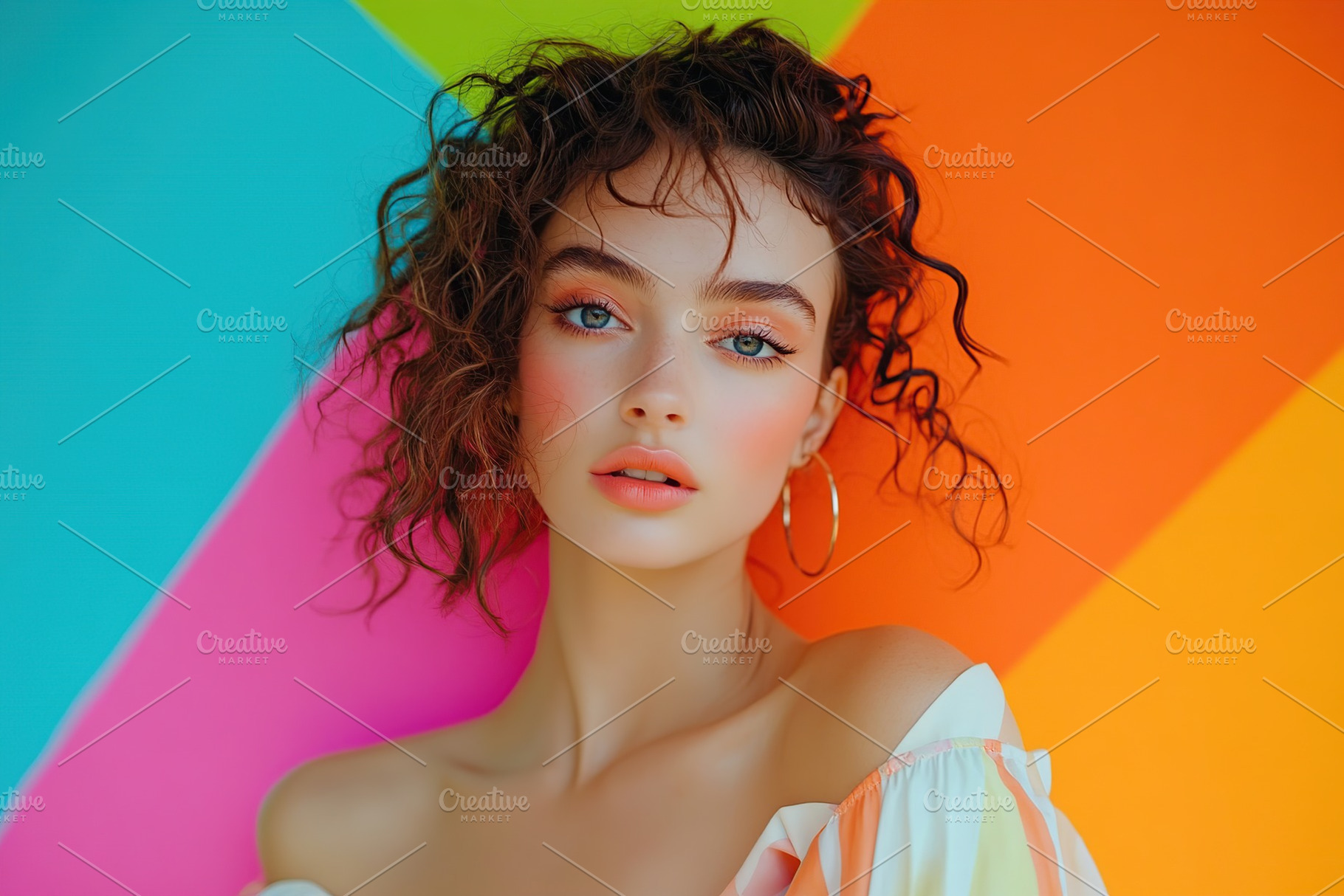 Young woman in light summer attire posing against a vibrant, colorful backgroun, a Person Photo by AlyaAnd