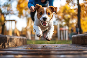 A playful dog leaps through the air, an Animal Photo by Pixeness Studio