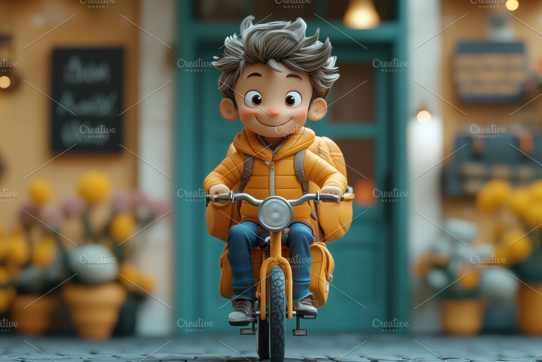 Happy child riding a bike in a charm, a Photo by Tanuart