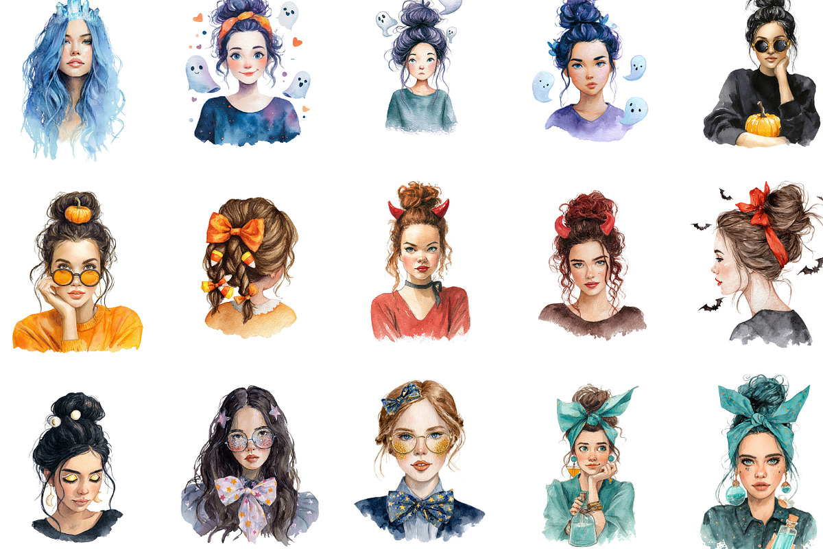 Halloween Messy Bun Watercolor PNG, an Illustration by Designking (Photo 2 of 5)