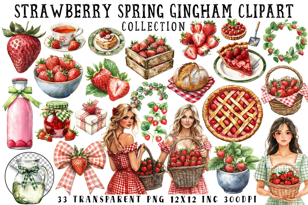 Strawberry Spring Gingham Clipart, an Illustration by OK Design (Photo 1 of 6)