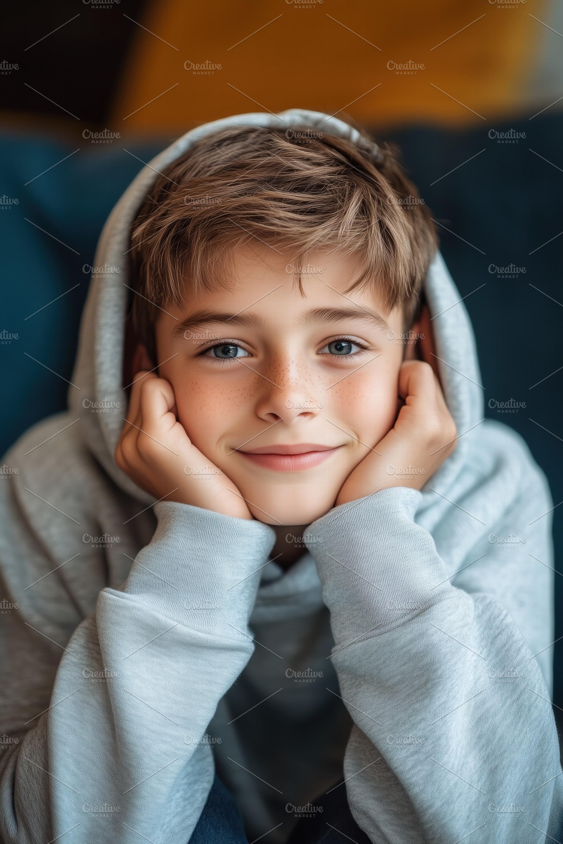 A young boy with short brown hair and blue eyes, wearing a gray