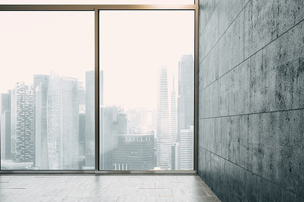 Panoramic windows and cocrete wall. 3d render, an Architecture Photo by SFCRCH MOCKUPS