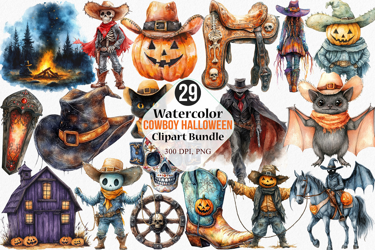Watercolor Cowboy Halloween Clipart, an Illustration by Canvas Craft (Photo 1 of 7)