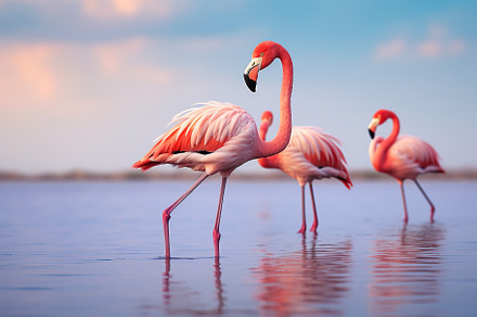 Pink flamingos standing in a lake, an Animal Photo by AlyaAnd