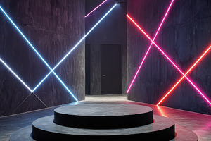 Neon Lit Stage Platform Dark Room Ab, a Photo by Pixeness Studio