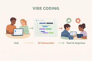 Vibe coding lesson with kids using laptops for school education, a Photo by Dvoevnore photos