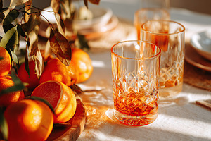 Bright citrus summer brunch setting featuring vibrant glassware and fresh fruit, a Food & Drink Photo by AlyaAnd
