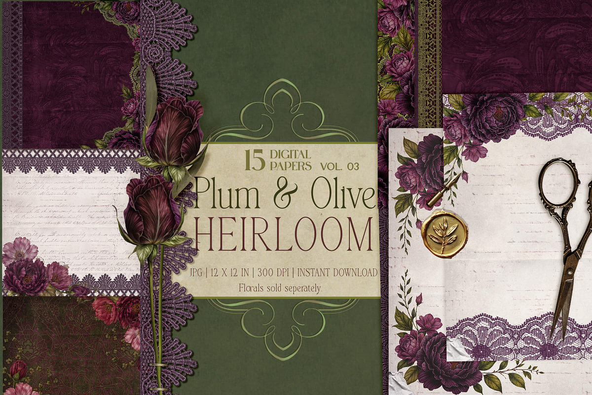 Plum & Olive Floral Digital Papers, a Background Graphic by Posh Papers & Patterns (Photo 1 of 7)