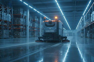 Ride on floor scrubber working in distribution center