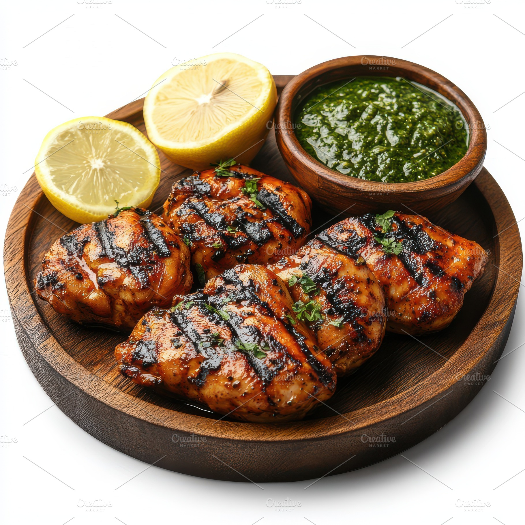 Grilled chicken tandoori on a wooden, a Food & Drink Photo by Pixeness Studio