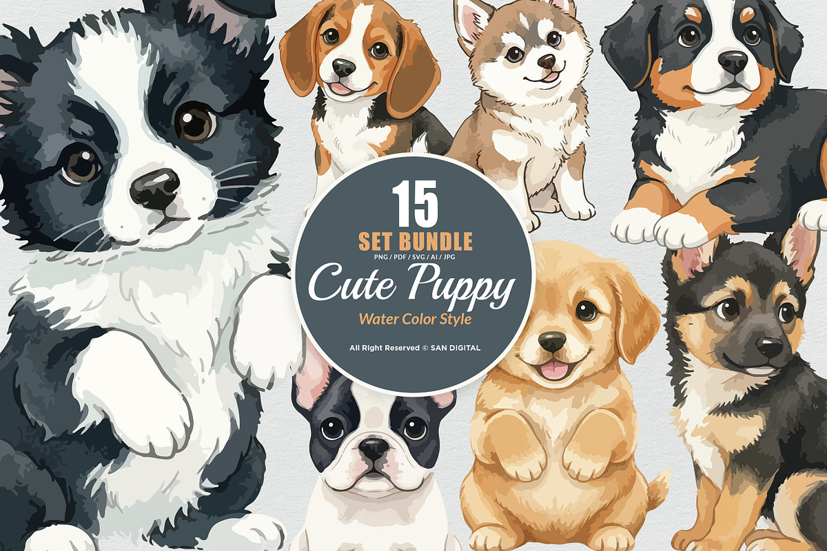 15 Bundle Watercolor Cute Puppy Dog, an Animal Illustration by Morspective (Photo 1 of 8)