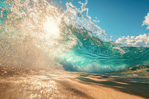 Sunlight sparkles on ocean wave cras, a Photo by Iftikhar Alam
