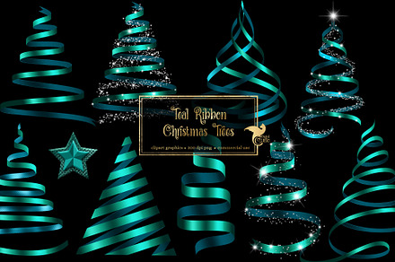 Teal Ribbon Christmas Trees, an Illustration by Digital Curio