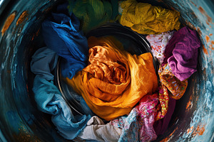 Colorful clothes spin in washing mac, a Photo by Pavel_design