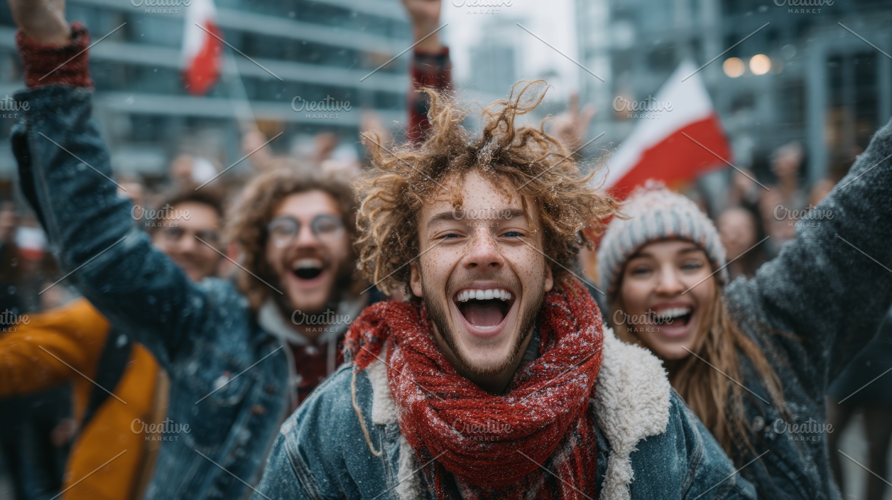 Joyful polish students celebrating together outdoors showcasing youthful energy, a Photo by AS photostudio