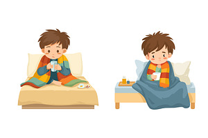 Sick boy in bed. Kid with fever cold, an Object Illustration by Stock-Smart-Start