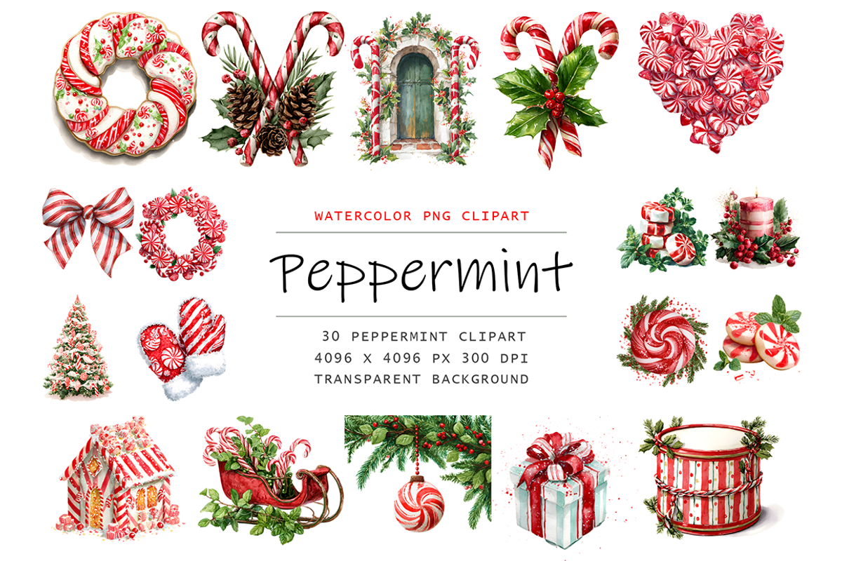 Watercolor Peppermint Clipart, a Decorative Illustration by stickermadness (Photo 1 of 4)