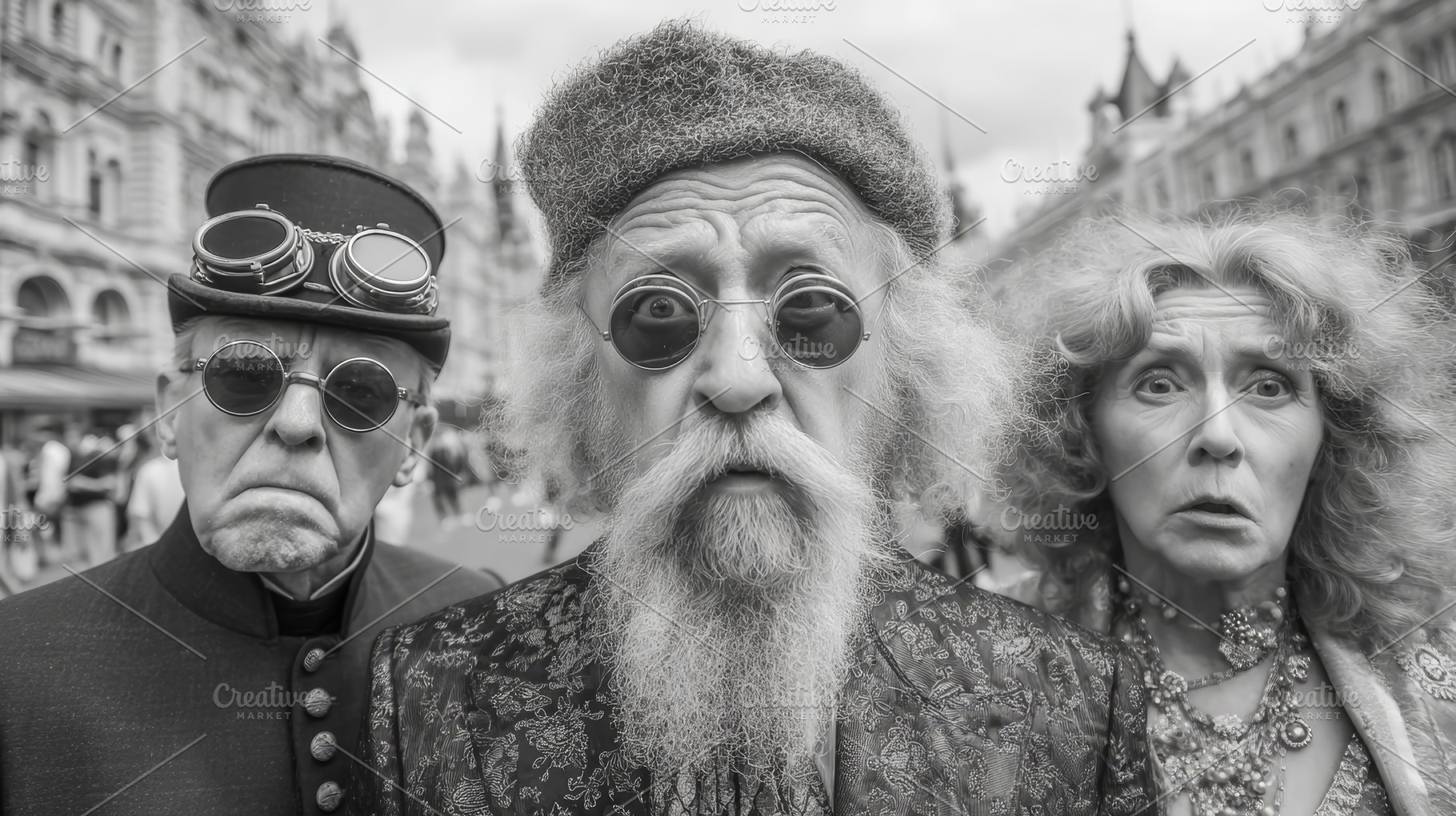 Three quirky elderly characters with surprised expressions pose on a vintage st, a Photo by AS photostudio