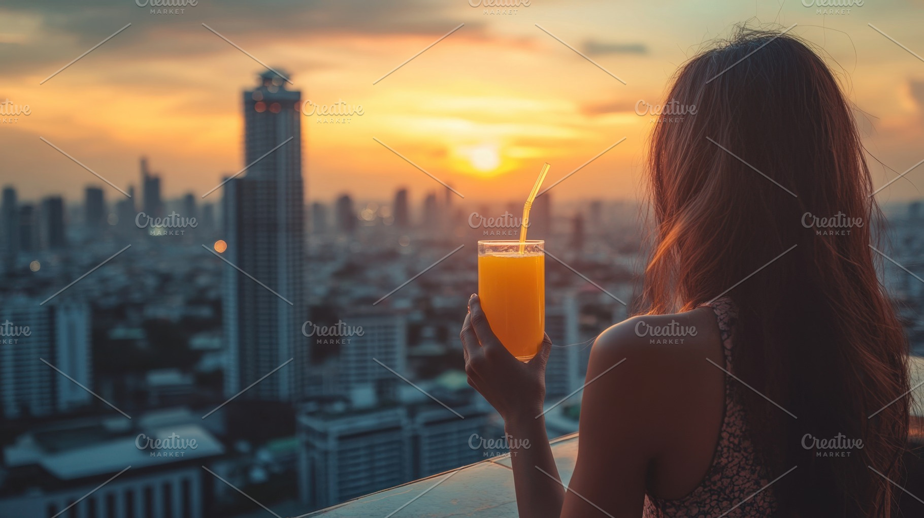 City sunset with a drink, a Photo by Beautiful things