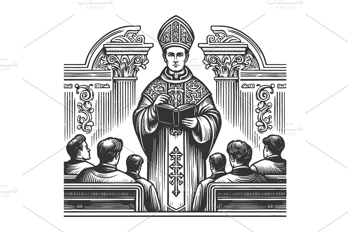 Priest Giving Sermon in Ornate, an Illustration by AlexArt