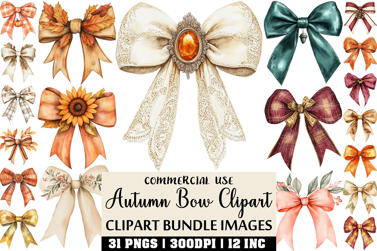 Watercolor Autumn Bow Clipart Bundle, an Illustration by Craft Nest (Photo 1 of 6)