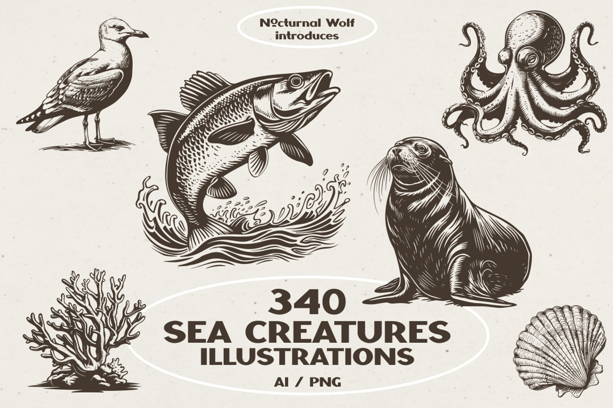 340 Sea Creatures illustrations, an Animal Illustration by Nocturnal Wolf (Photo 1 of 15)
