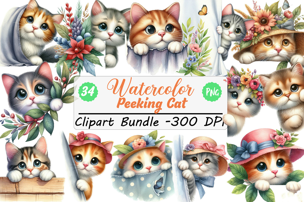 Watercolor Peeking Cat PNG Clipart, an Illustration by DreamCafeArt (Photo 1 of 6)