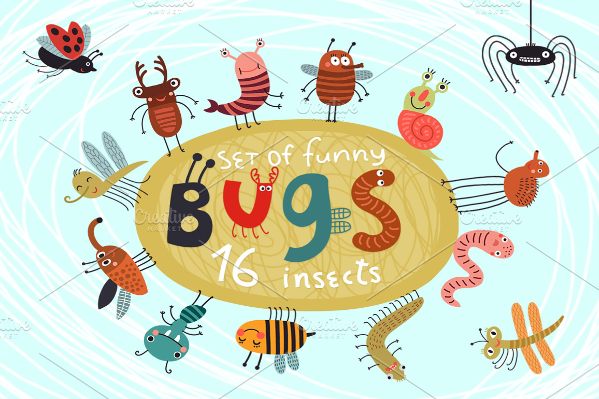 16 funny and cute bugs. Vector set, an Illustration by Anna Guz's Store (Photo 1 of 3)